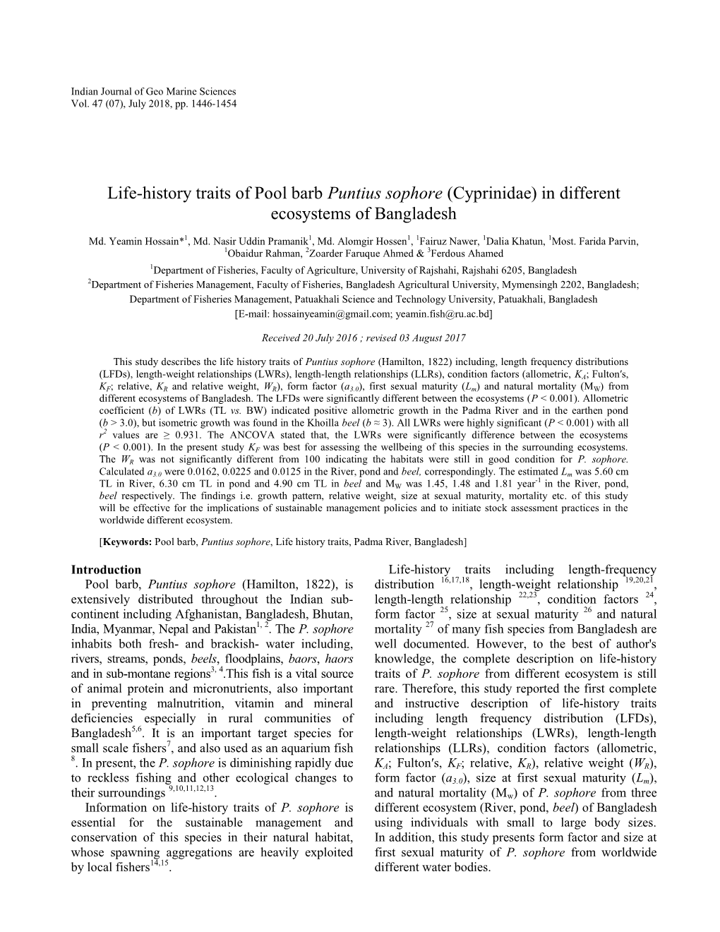 Life-History Traits of Pool Barb Puntius Sophore (Cyprinidae) in Different Ecosystems of Bangladesh