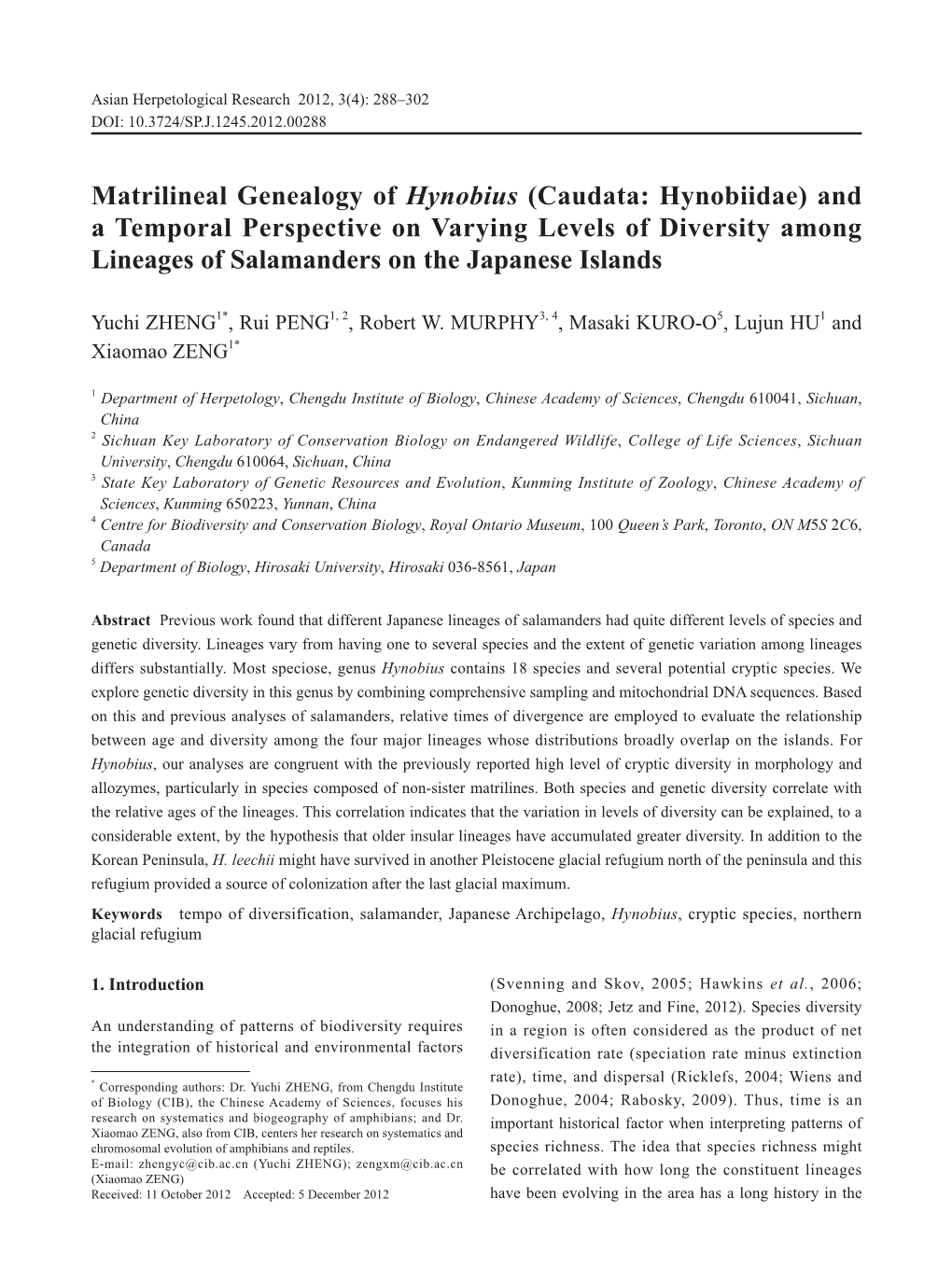 Matrilineal Genealogy of Hynobius (Caudata: Hynobiidae) and a Temporal Perspective on Varying Levels of Diversity Among Lineages