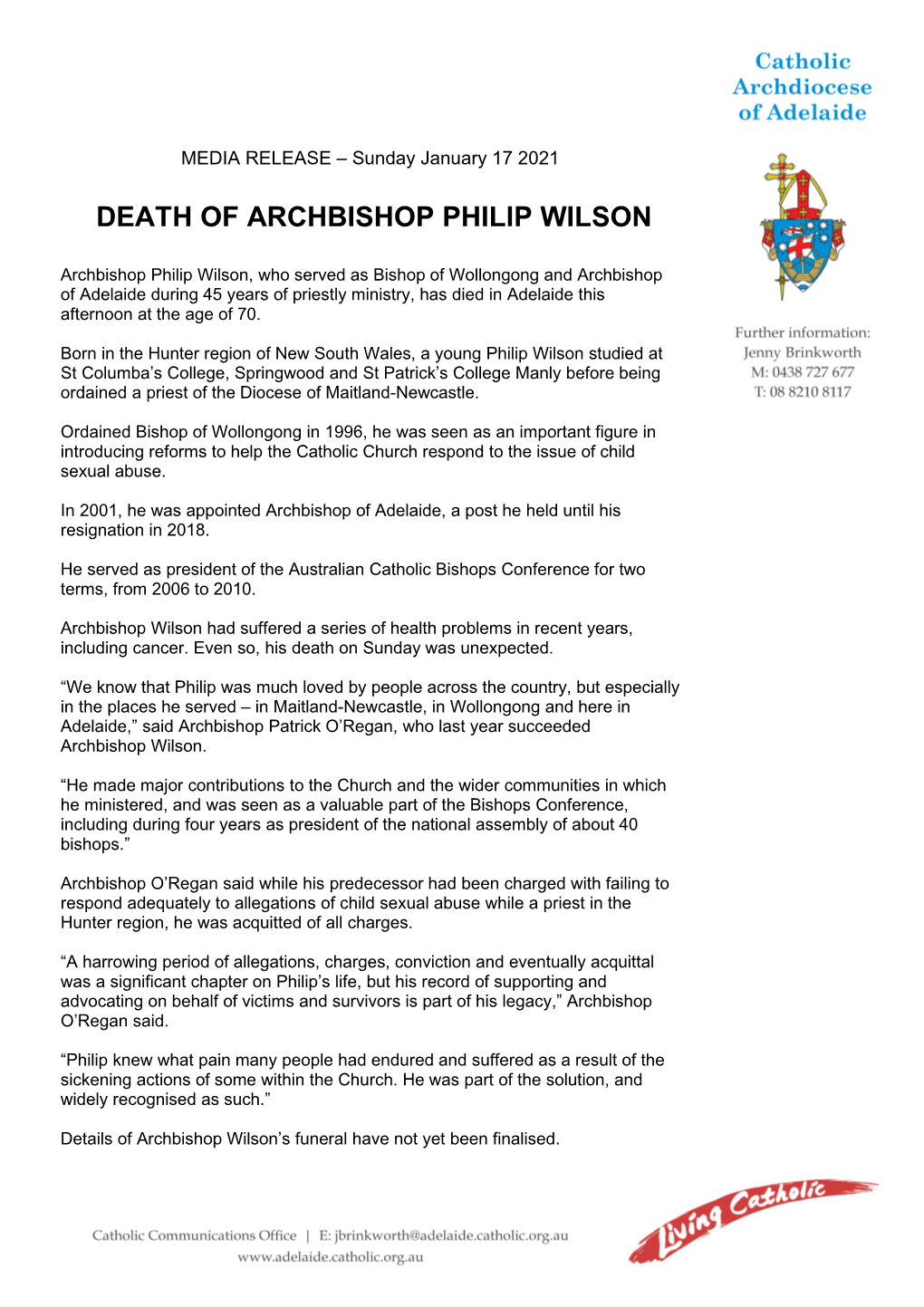 Death of Archbishop Philip Wilson