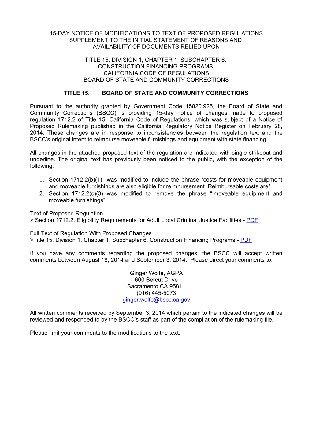 Notice of Proposed Amendment to Title 15, Minimum Standards for Local Detention Facilities