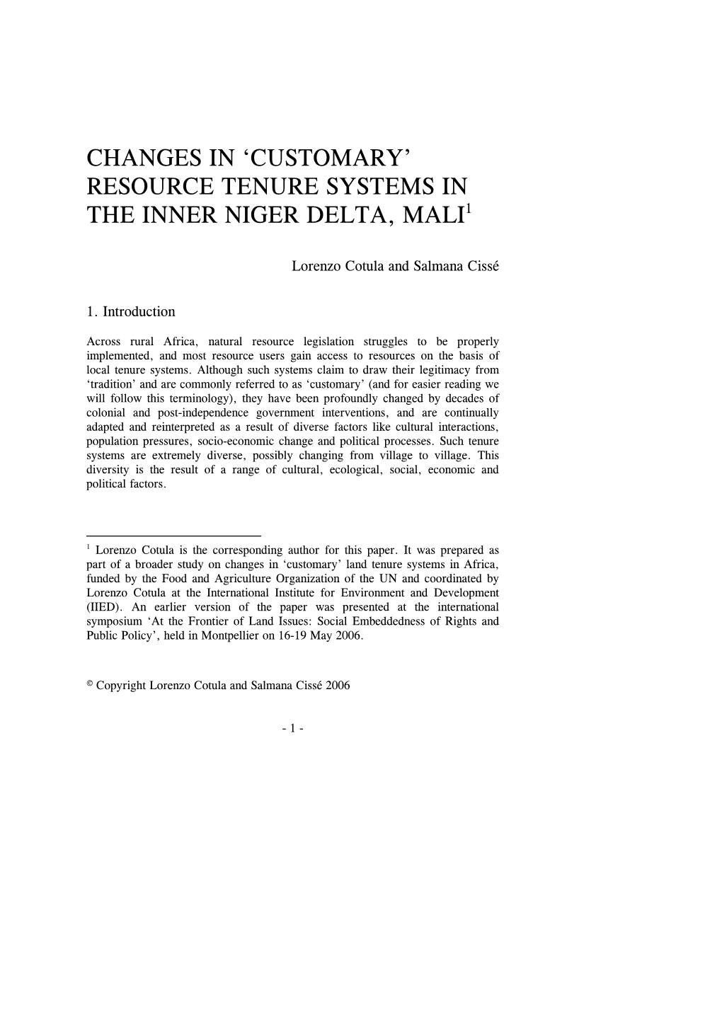 Resource Tenure Systems in 1 the Inner Niger Delta, Mali