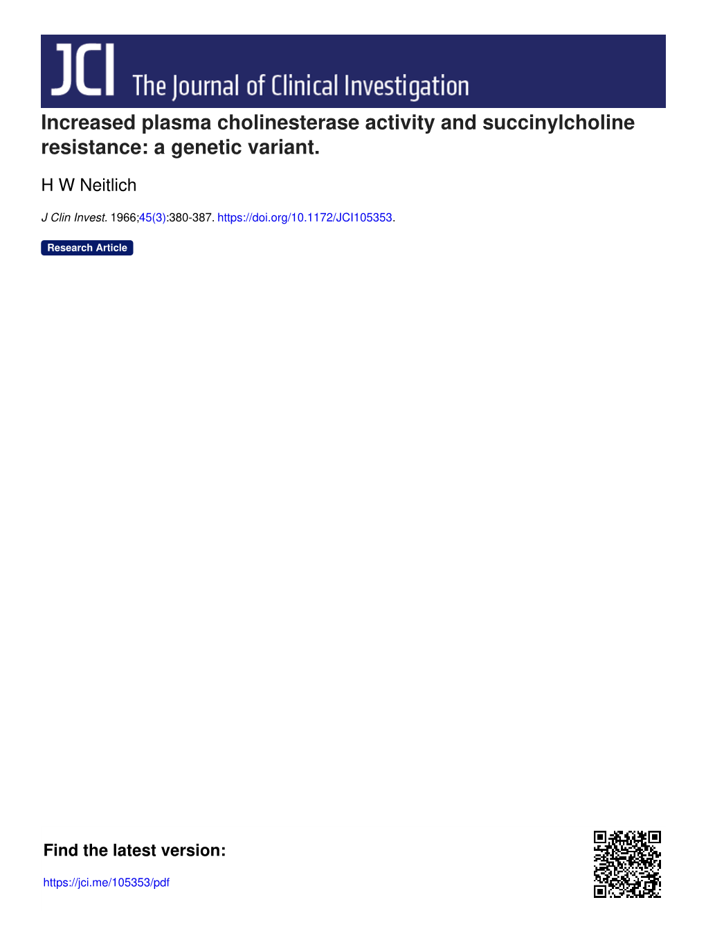 Increased Plasma Cholinesterase Activity and Succinylcholine Resistance: a Genetic Variant