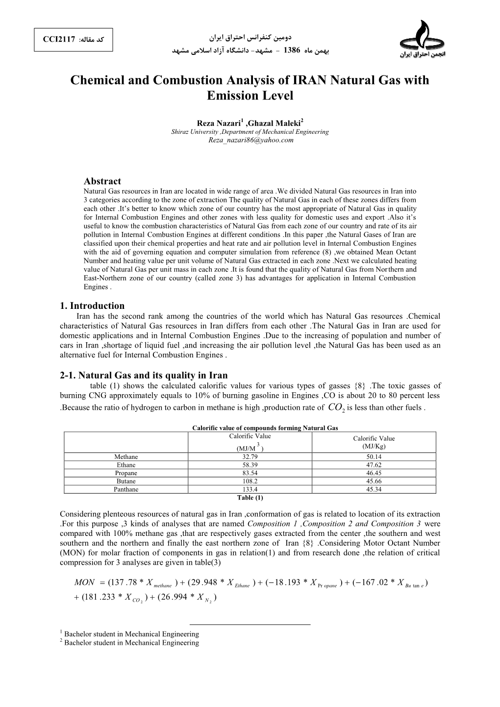 Chemical and Combustion Analysis of IRAN Natural Gas with Emission Level