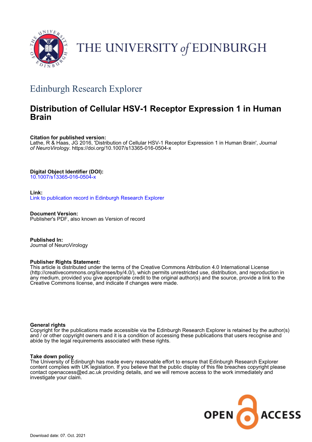 Distribution of Cellular HSV-1 Receptor Expression in Human Brain