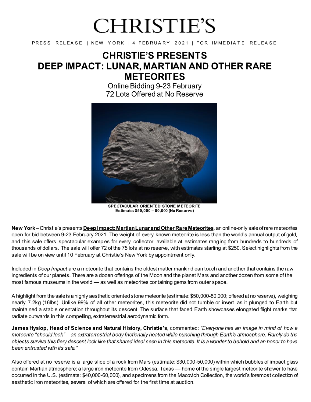 Christie's Presents Deep Impact: Lunar, Martian And