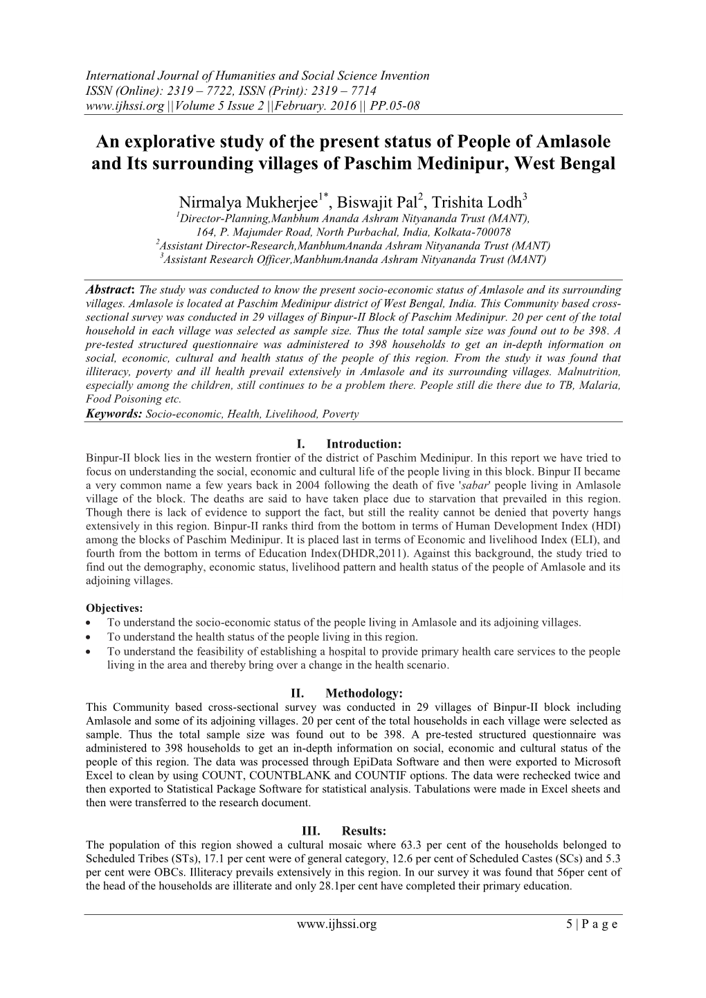 An Explorative Study of the Present Status of People of Amlasole and Its Surrounding Villages of Paschim Medinipur, West Bengal
