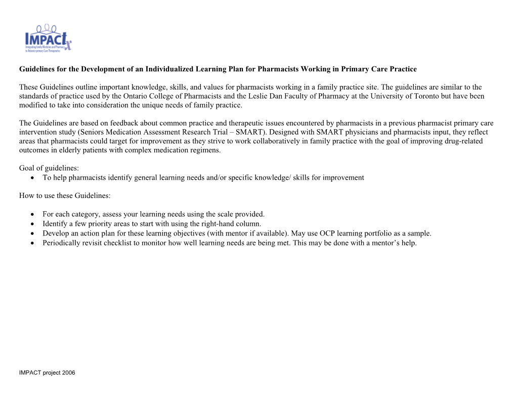 Guidelines for Development of an Individualized Learning Plan for Pharmacists Working In