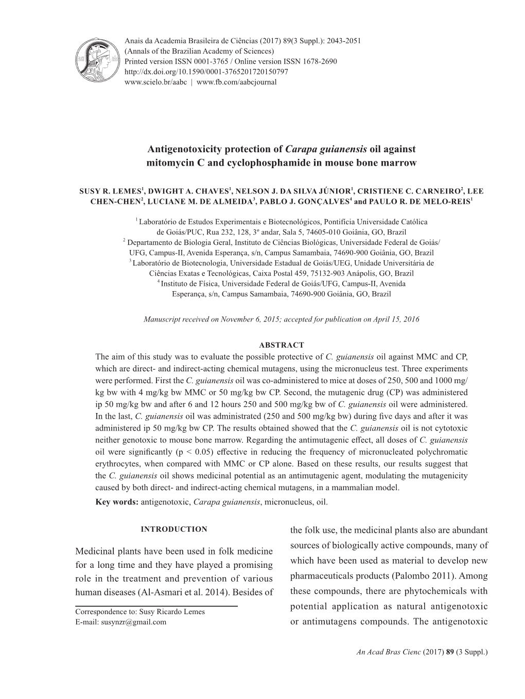 Antigenotoxicity Protection of Carapa Guianensis Oil Against Mitomycin C and Cyclophosphamide in Mouse Bone Marrow