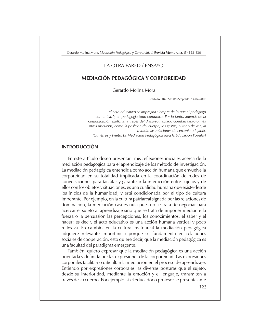 La Otra Pared / Ensayo Mediación Pedagógica Y Corporeidad