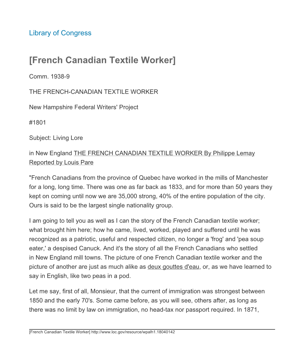 French Canadian Textile Worker]