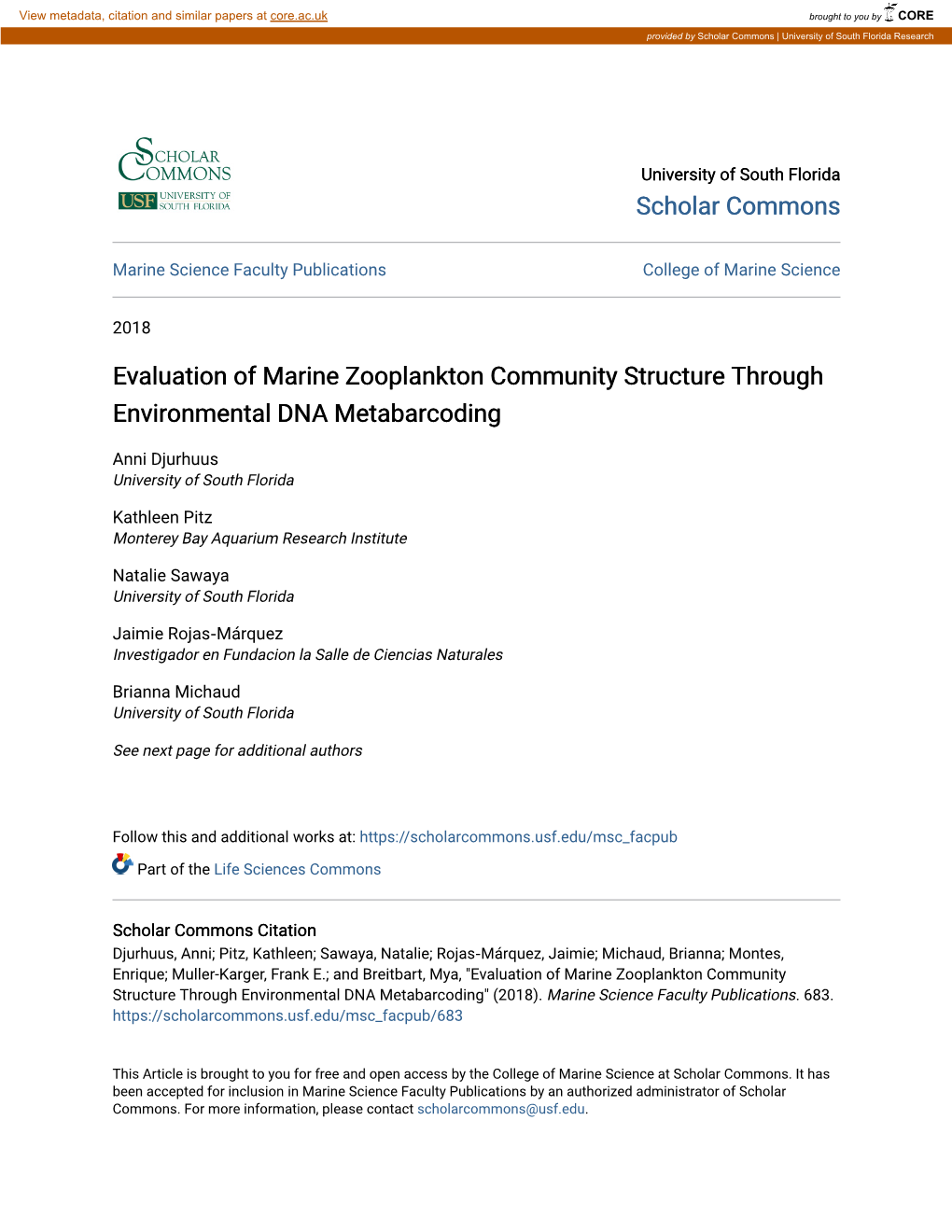 Evaluation of Marine Zooplankton Community Structure Through Environmental DNA Metabarcoding