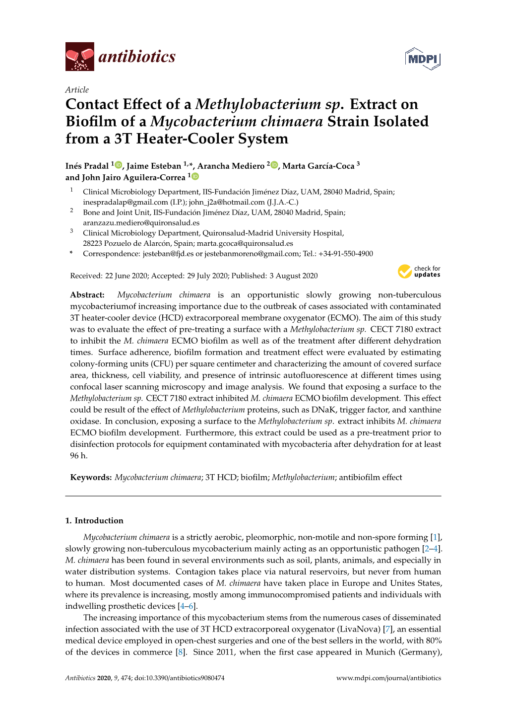 Contact Effect of a Methylobacterium Sp. Extract on Biofilm of A