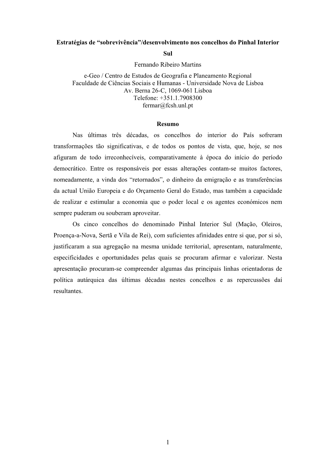 Desenvolvimento Nos Concelhos Do Pinhal Interior Sul Fernando