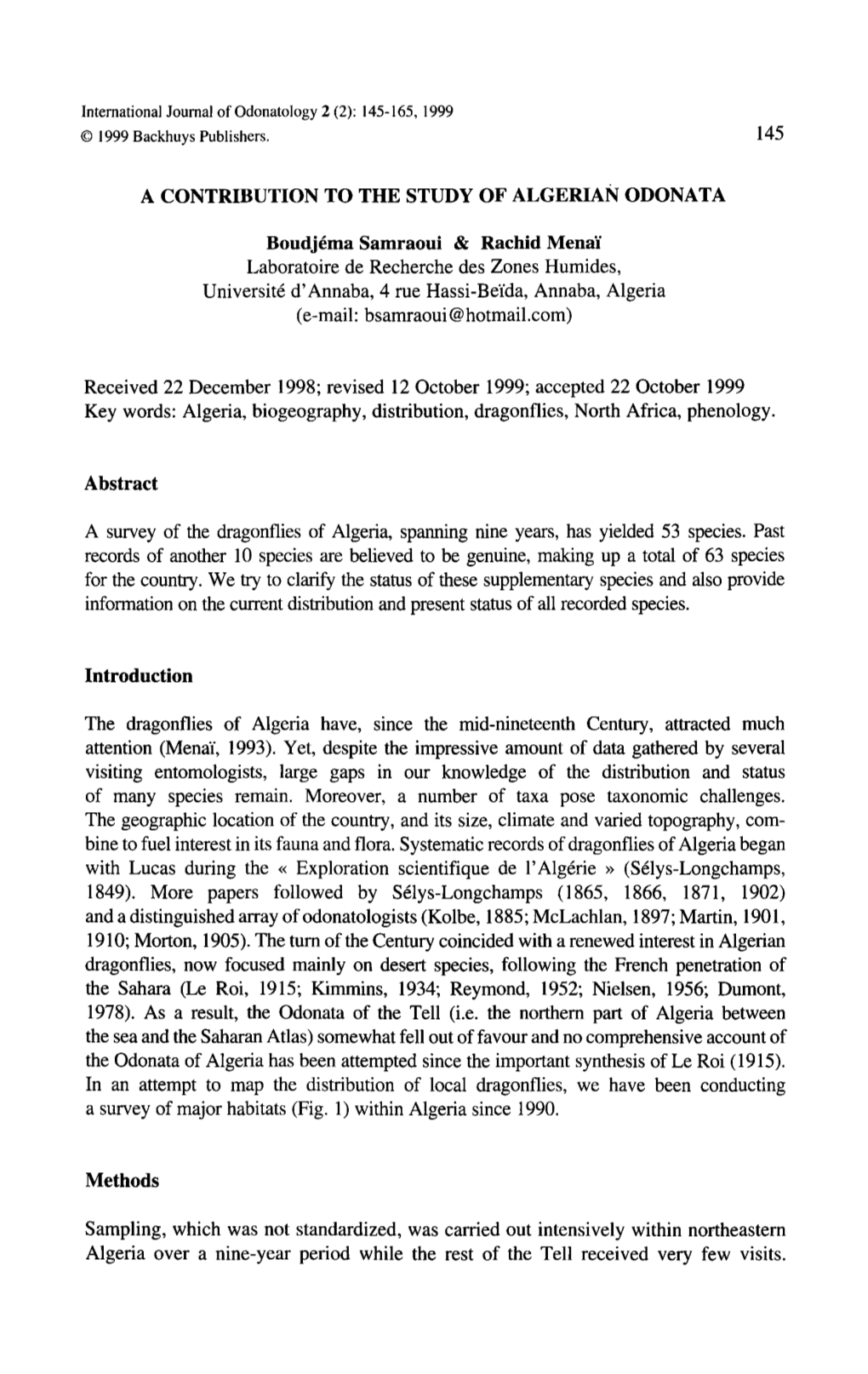 A Contribution to the Study of Algerian Odonata