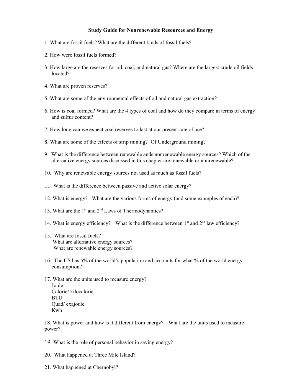 Study Guide for Nonrenewable Resources and Energy