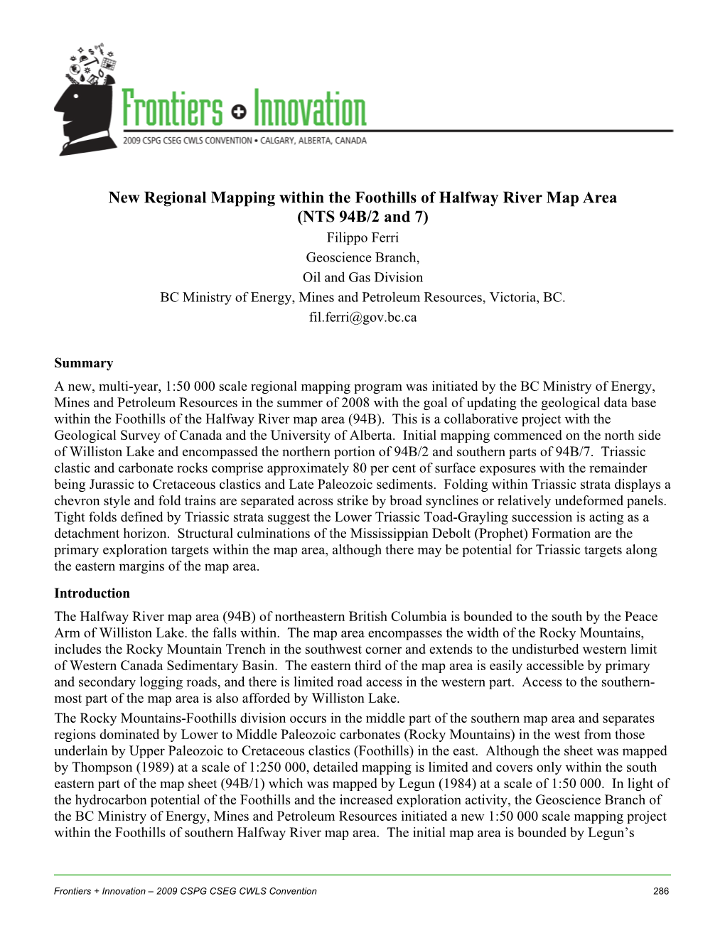 New Regional Mapping Within the Foothills of Halfway River