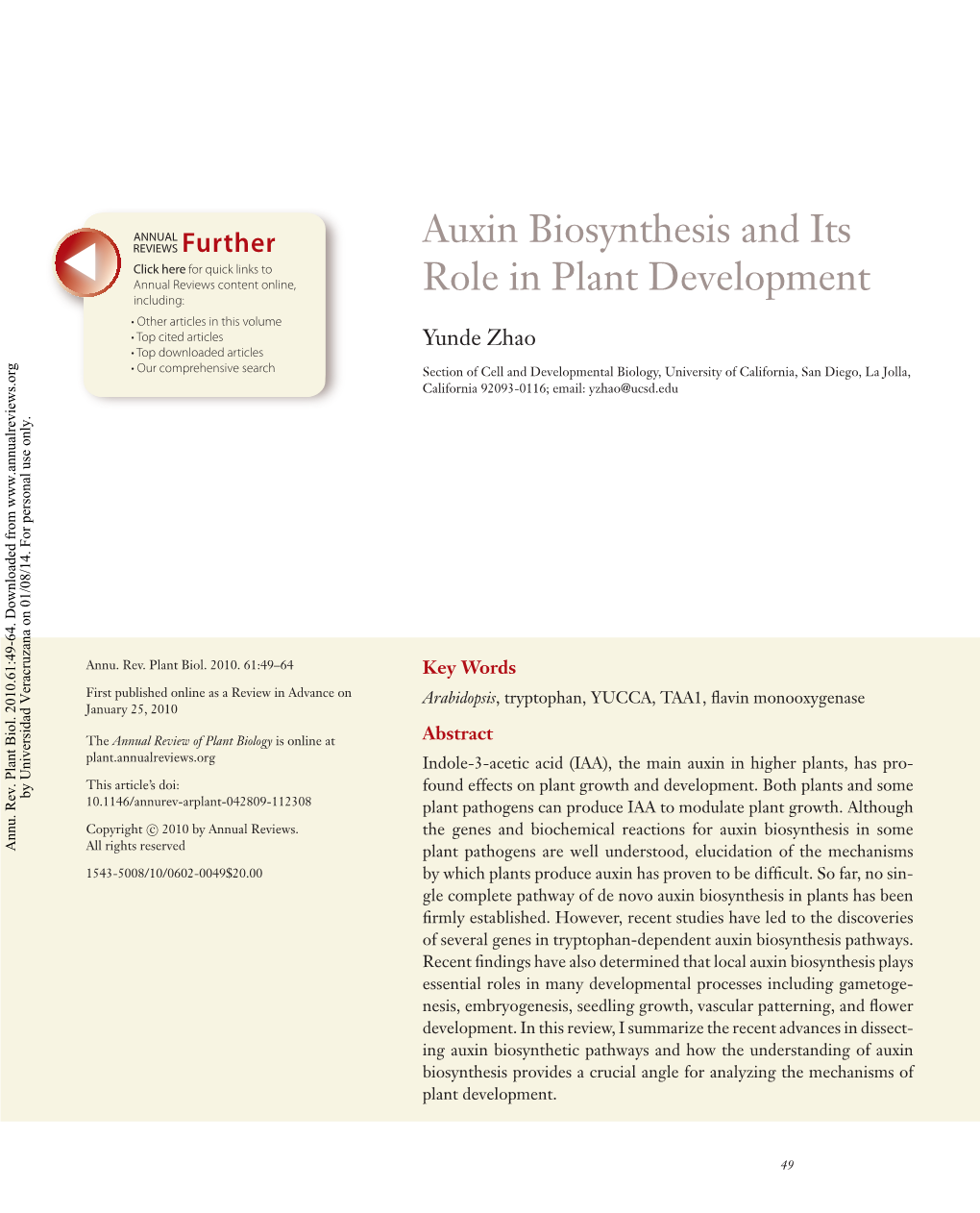 Auxin Biosynthesis and Its Role in Plant Development