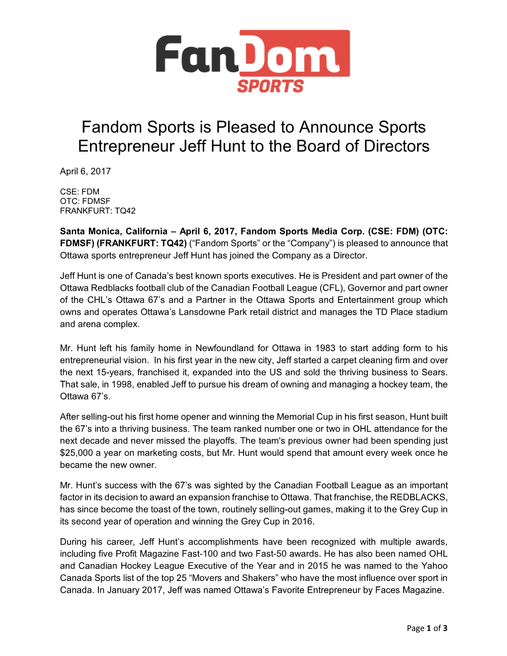 Fandom Sports Is Pleased to Announce Sports Entrepreneur Jeff Hunt to the Board of Directors