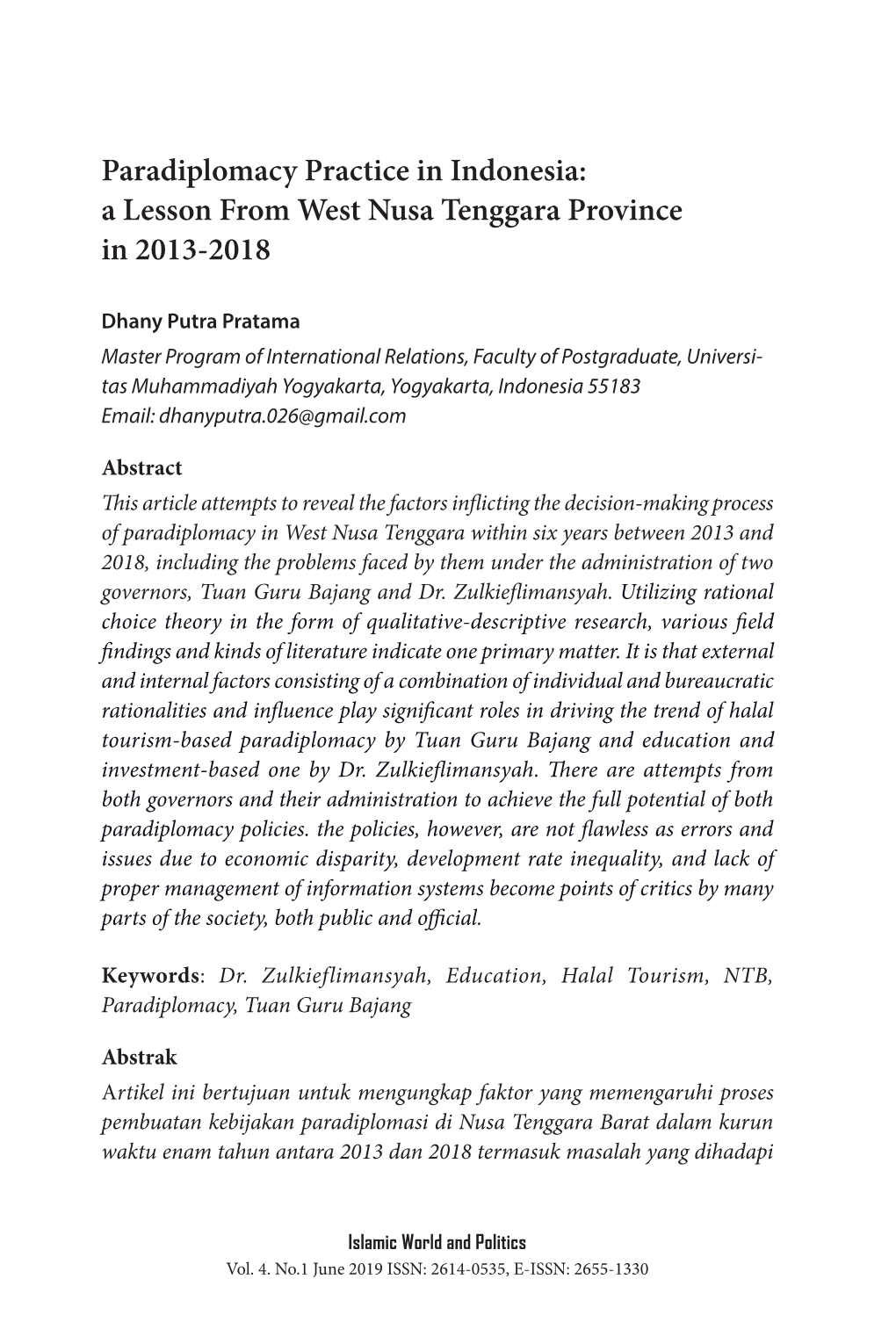 Paradiplomacy Practice in Indonesia: a Lesson from West Nusa Tenggara Province in 2013-2018