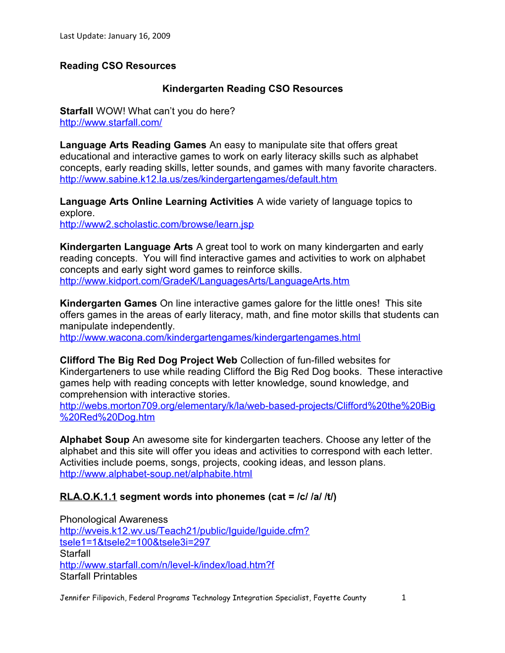 Kindergarten Reading CSO Resources