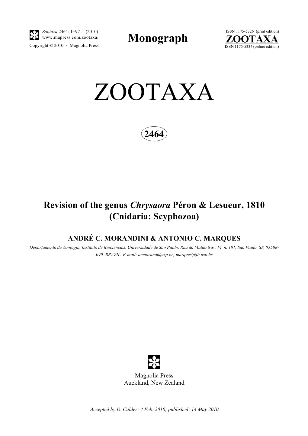 Zootaxa, Revision of the Genus Chrysaora Péron