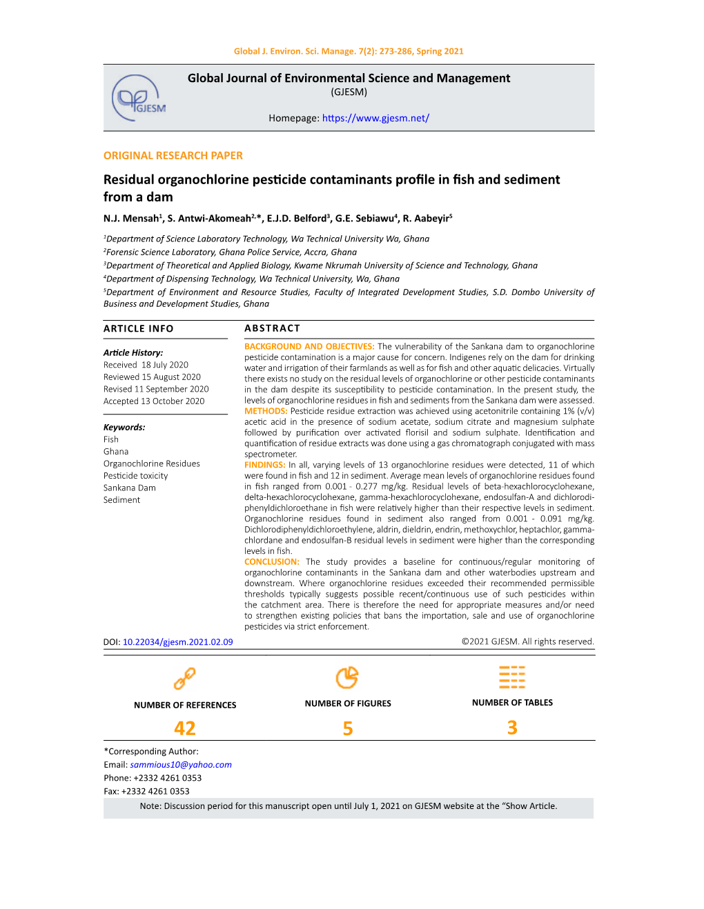 Residual Organochlorine Pesticide Contaminants Profile in Fish and Sediment from a Dam N.J