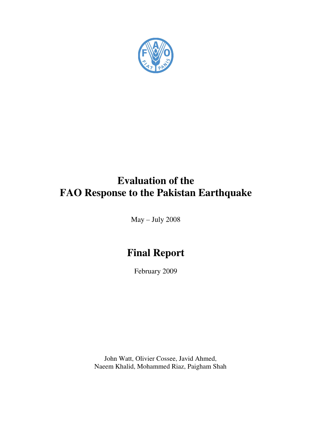 Evaluation of the FAO Response to the Pakistan Earthquake, May