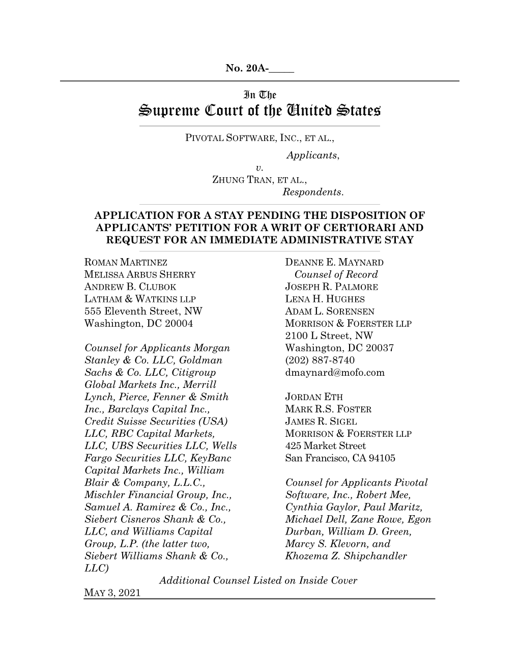 Application for a Stay Pending the Disposition of Applicants’ Petition for a Writ of Certiorari and Request for an Immediate Administrative Stay