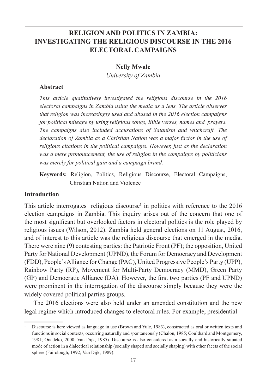 Religion and Politics in Zambia: Investigating the Religious Discourse in the 2016 Electoral Campaigns