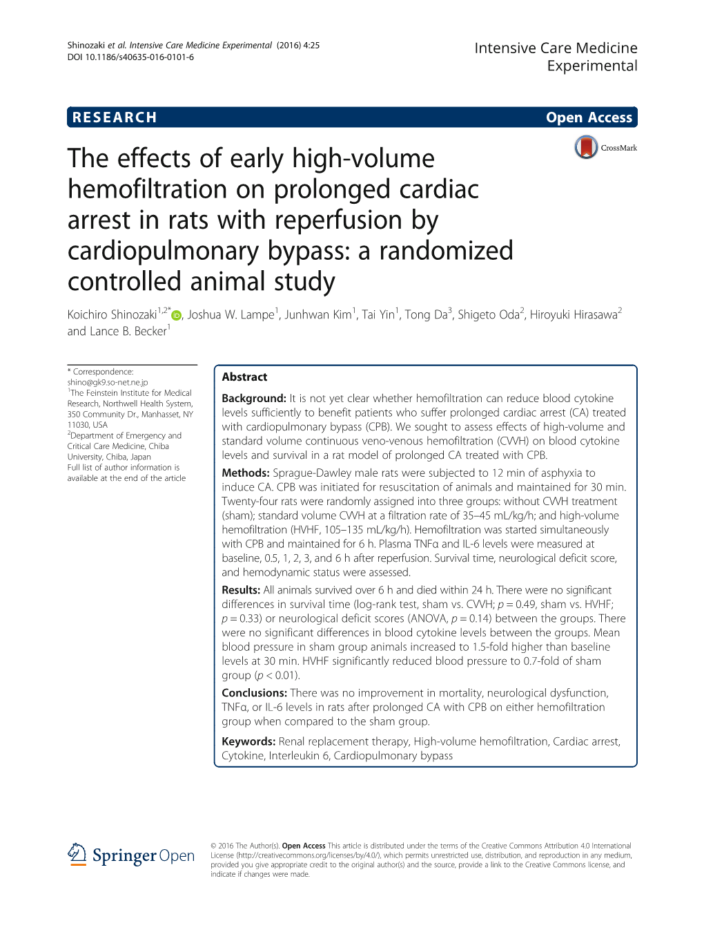 The Effects of Early High-Volume Hemofiltration on Prolonged Cardiac