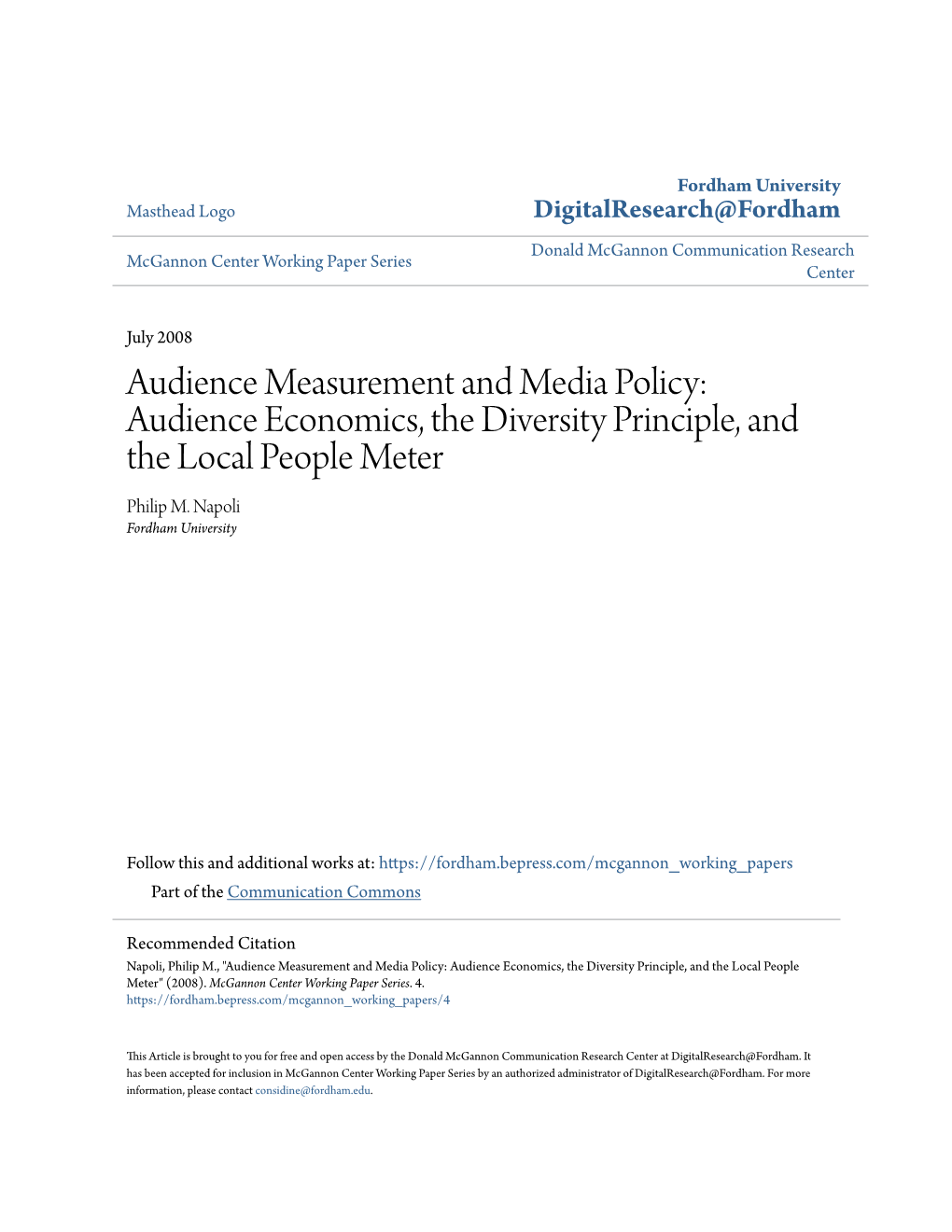 Audience Measurement and Media Policy: Audience Economics, the Diversity Principle, and the Local People Meter Philip M