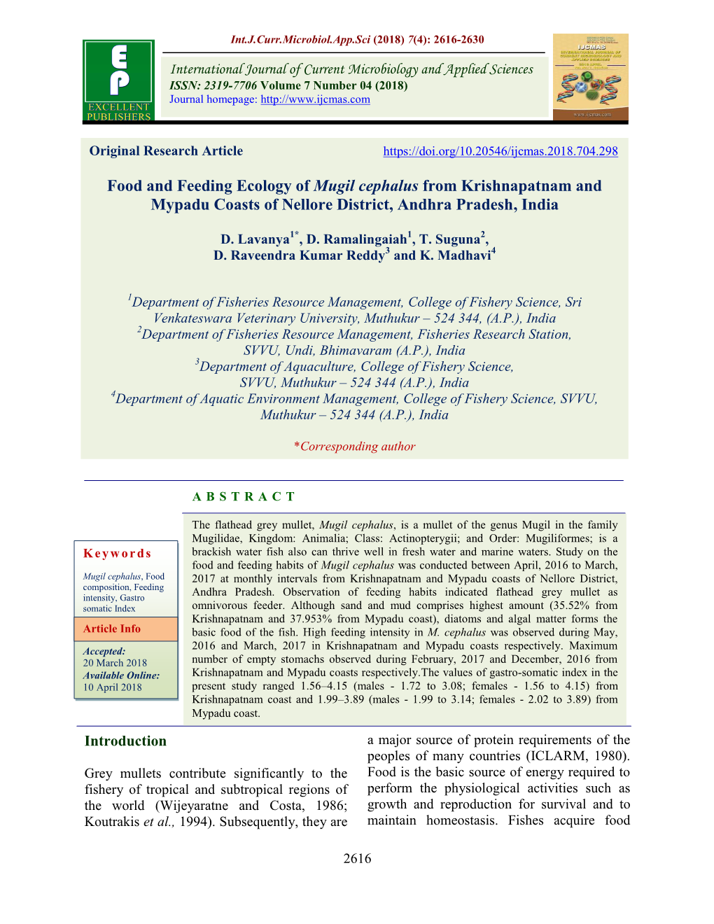 Food and Feeding Ecology of Mugil Cephalus from Krishnapatnam and Mypadu Coasts of Nellore District, Andhra Pradesh, India