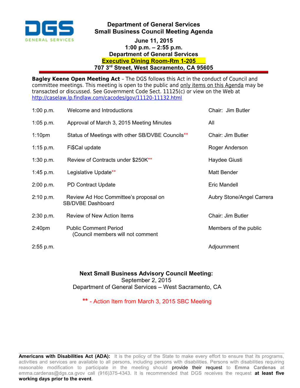 Small Business Council Meeting Agenda