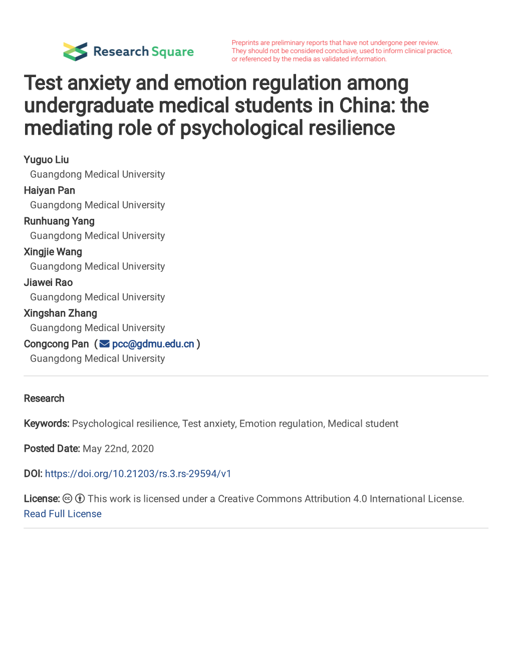 Test Anxiety and Emotion Regulation Among Undergraduate Medical Students in China: the Mediating Role of Psychological Resilience