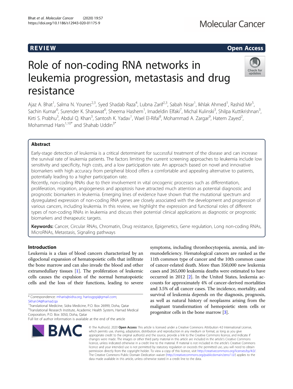 Role of Non-Coding RNA Networks in Leukemia Progression, Metastasis and Drug Resistance Ajaz A