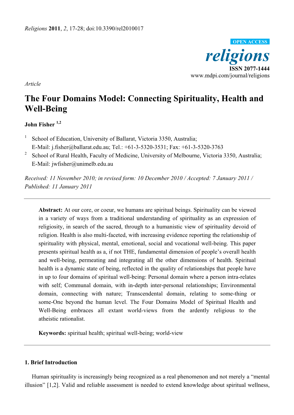 The Four Domains Model: Connecting Spirituality, Health and Well-Being
