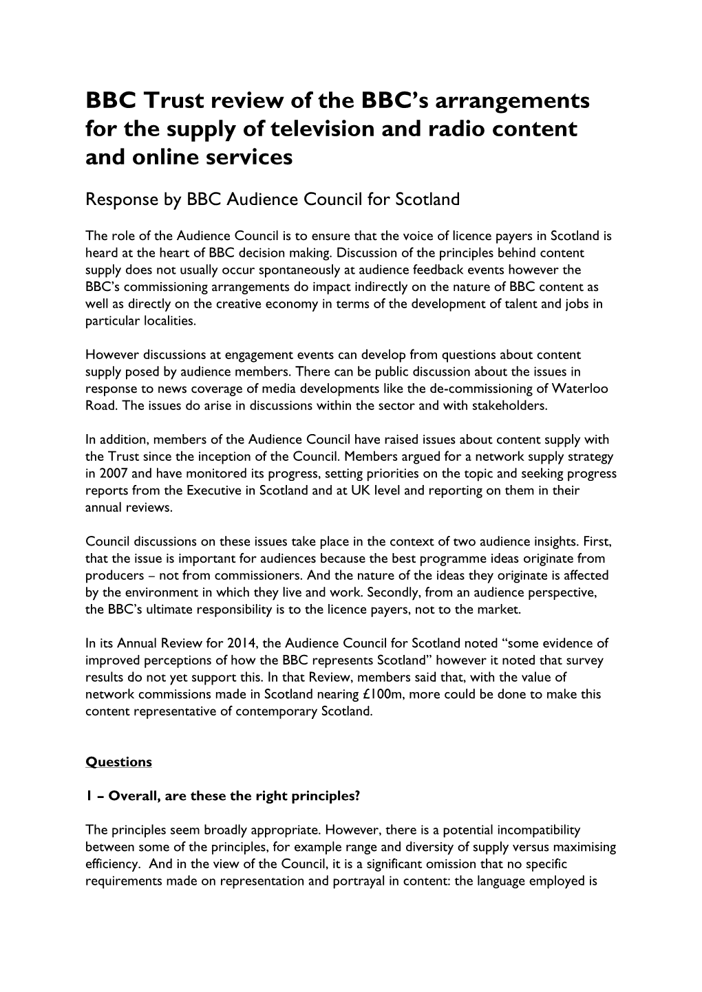 BBC Trust Review of the BBC's Arrangements for the Supply of Television and Radio Content and Online Services