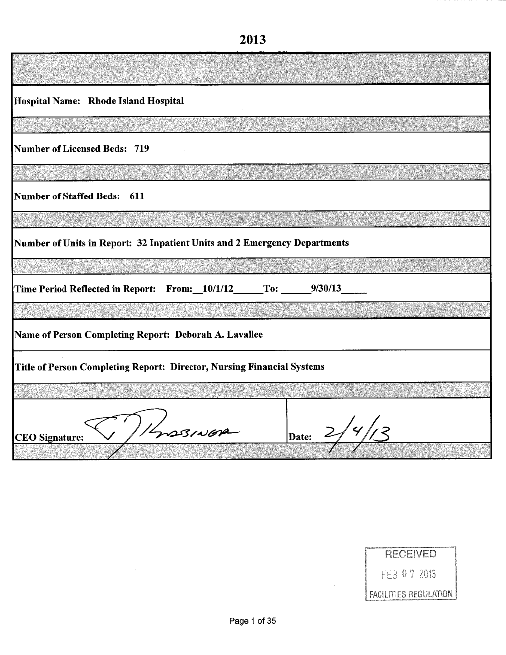 2013 Rhode Island Hospital Annual Staffing Report