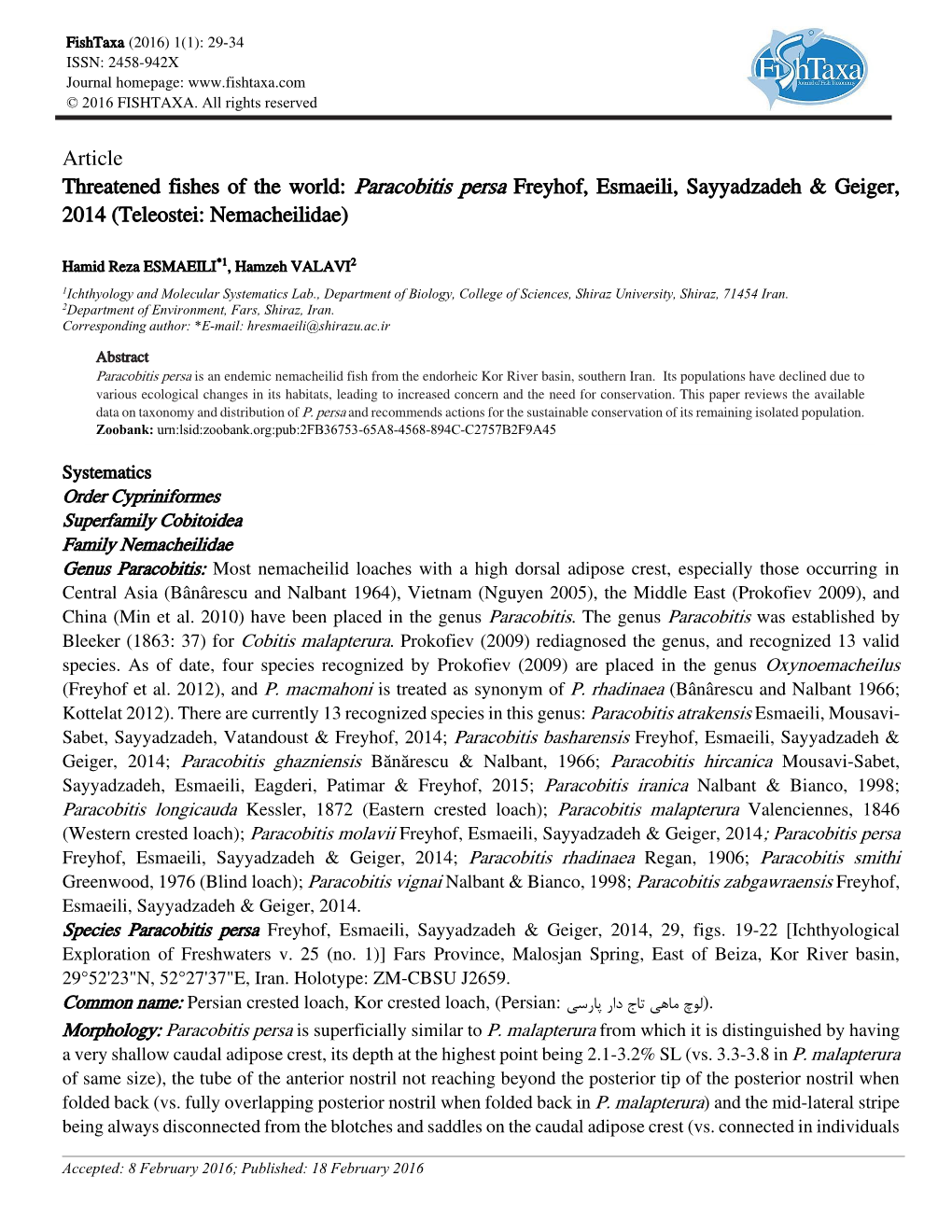 Article Threatened Fishes of the World: Paracobitis Persa Freyhof, Esmaeili, Sayyadzadeh & Geiger, 2014