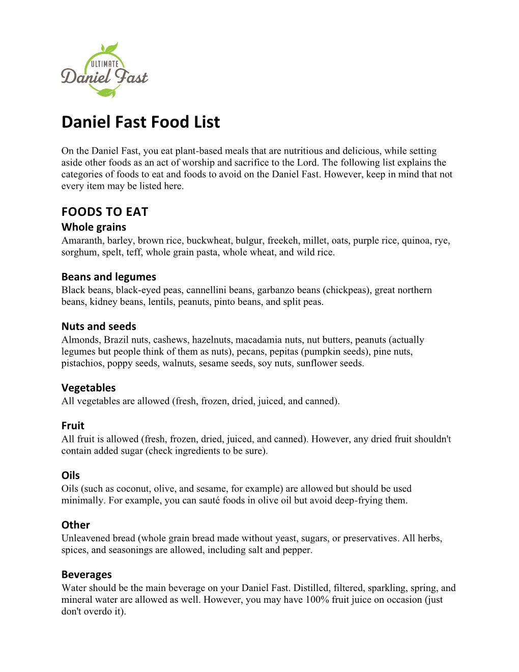 A Printable Copy of the Daniel Fast Food List