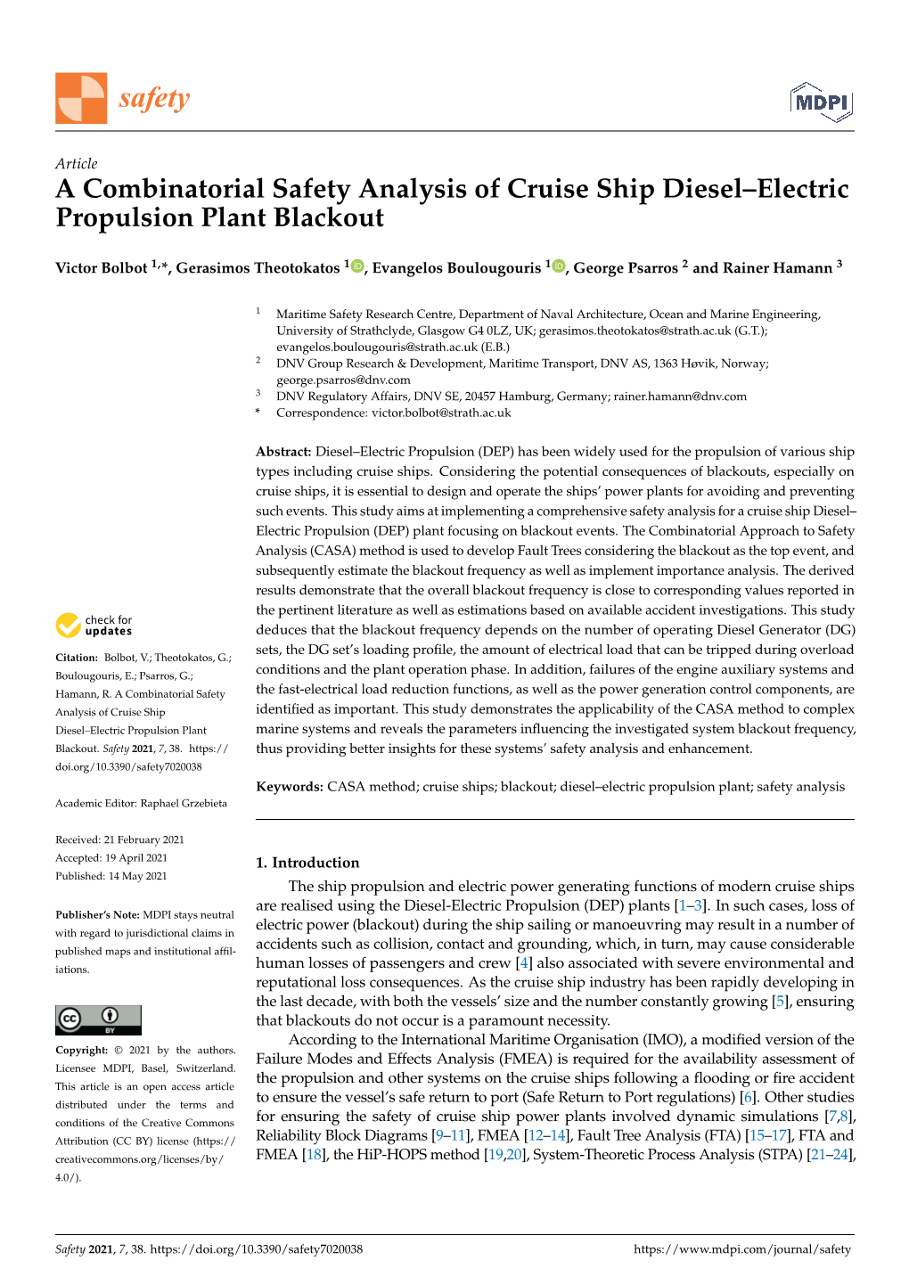 A Combinatorial Safety Analysis of Cruise Ship Diesel–Electric Propulsion Plant Blackout