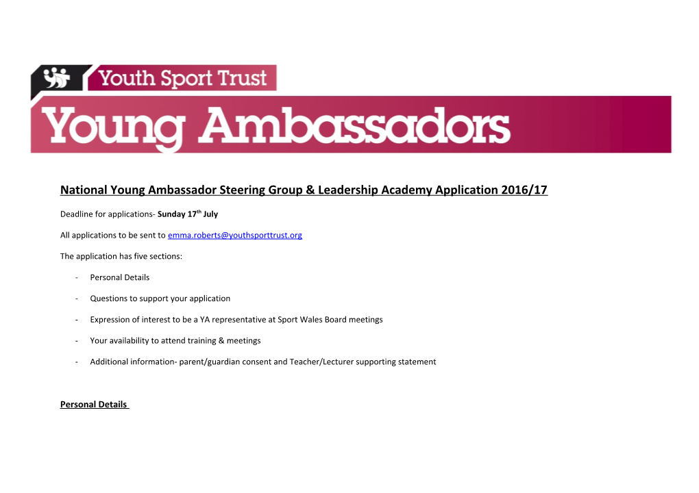 National Young Ambassador Steering Group & Leadership Academy Application 2016/17