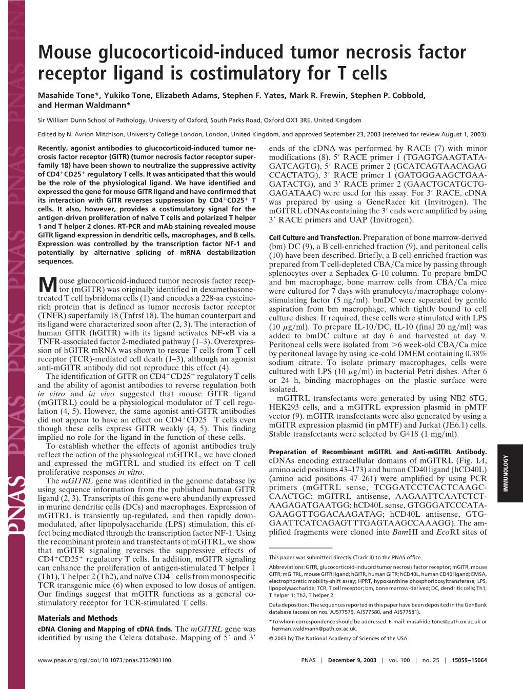 Mouse Glucocorticoid-Induced Tumor Necrosis Factor Receptor Ligand Is Costimulatory for T Cells