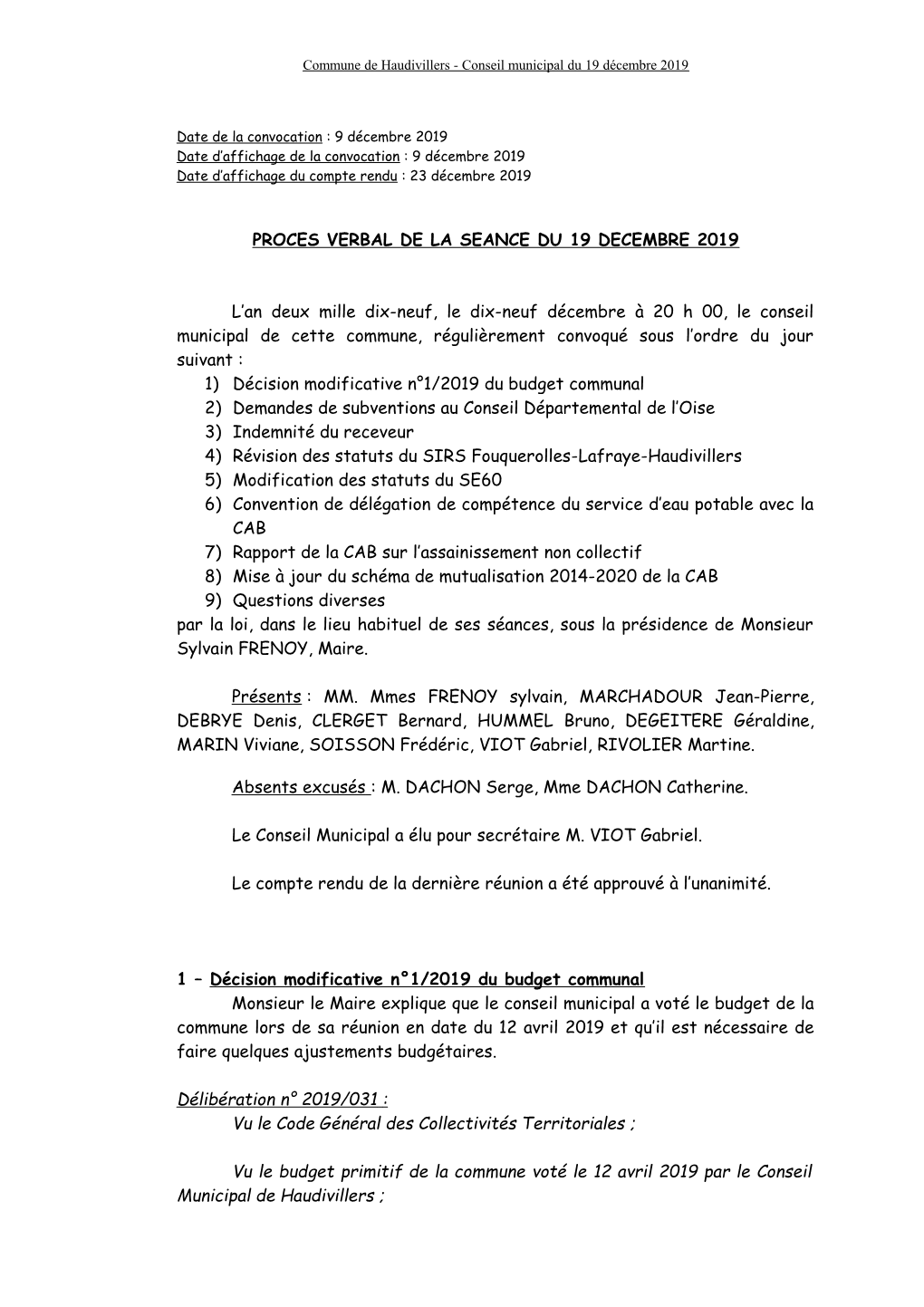 Conseil Municipal Du 19 Décembre 2019