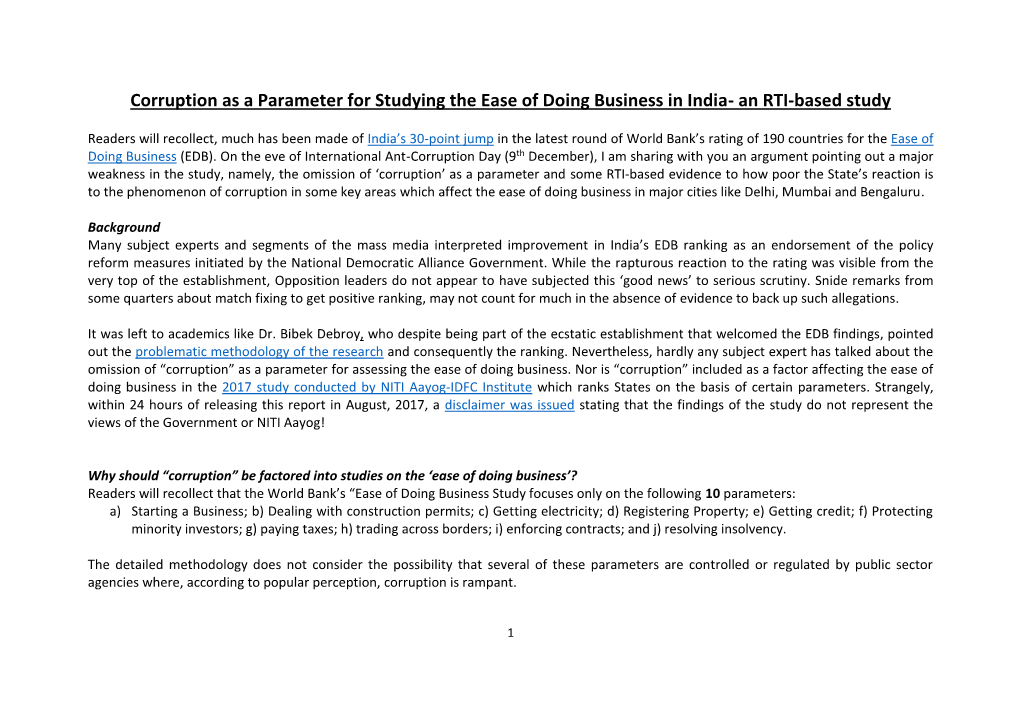 Corruption As a Parameter for Studying the Ease of Doing Business in India- an RTI-Based Study