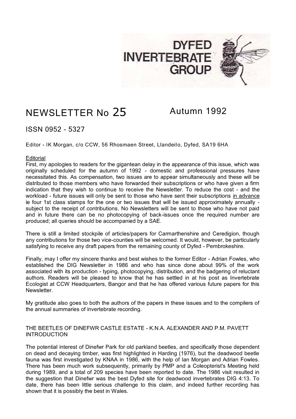 NEWSLETTER No 25 Autumn 1992