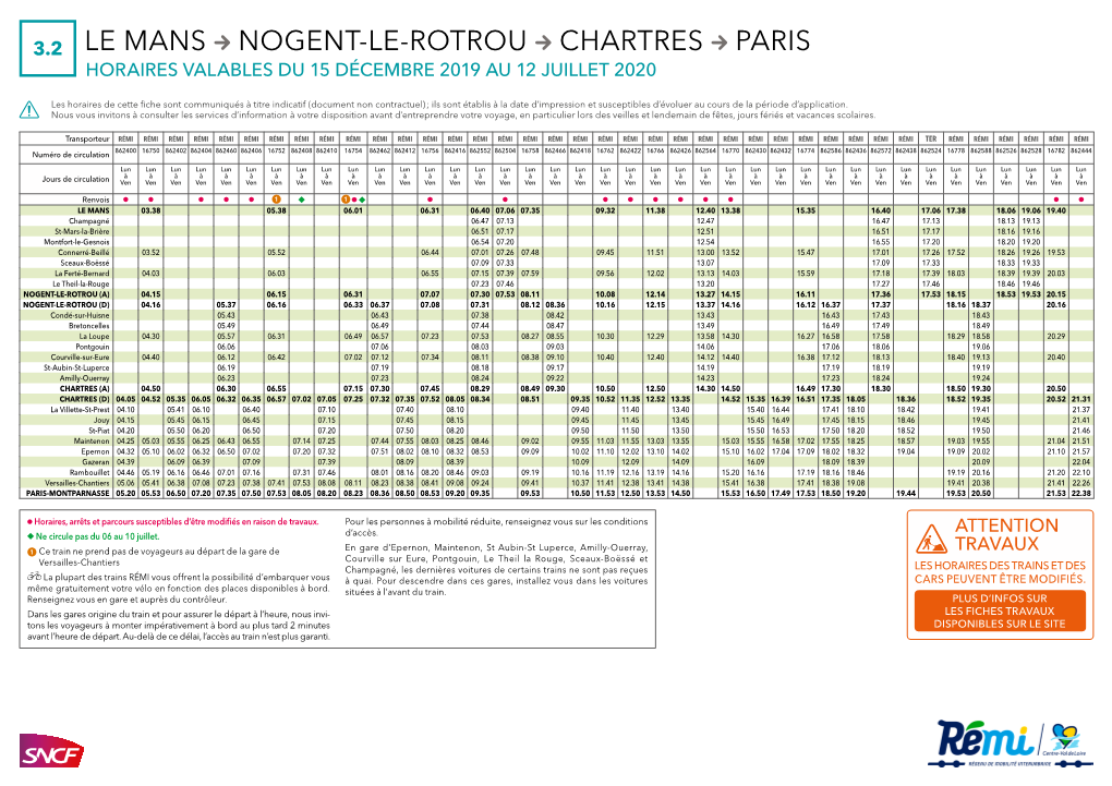 3.2 Le Mans Nogent-Le-Rotrou Chartres Paris Horaires Valables Du 15 Décembre 2019 Au 12 Juillet 2020