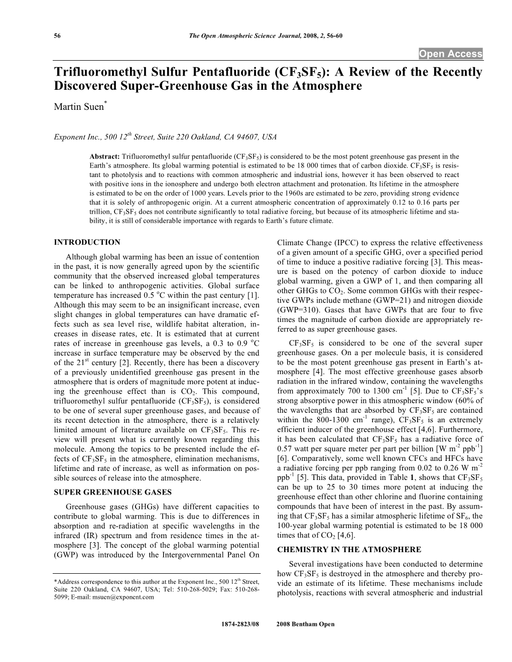 Trifluoromethyl Sulfur Pentafluoride (CF3SF5): a Review of the Recently Discovered Super-Greenhouse Gas in the Atmosphere Martin Suen*