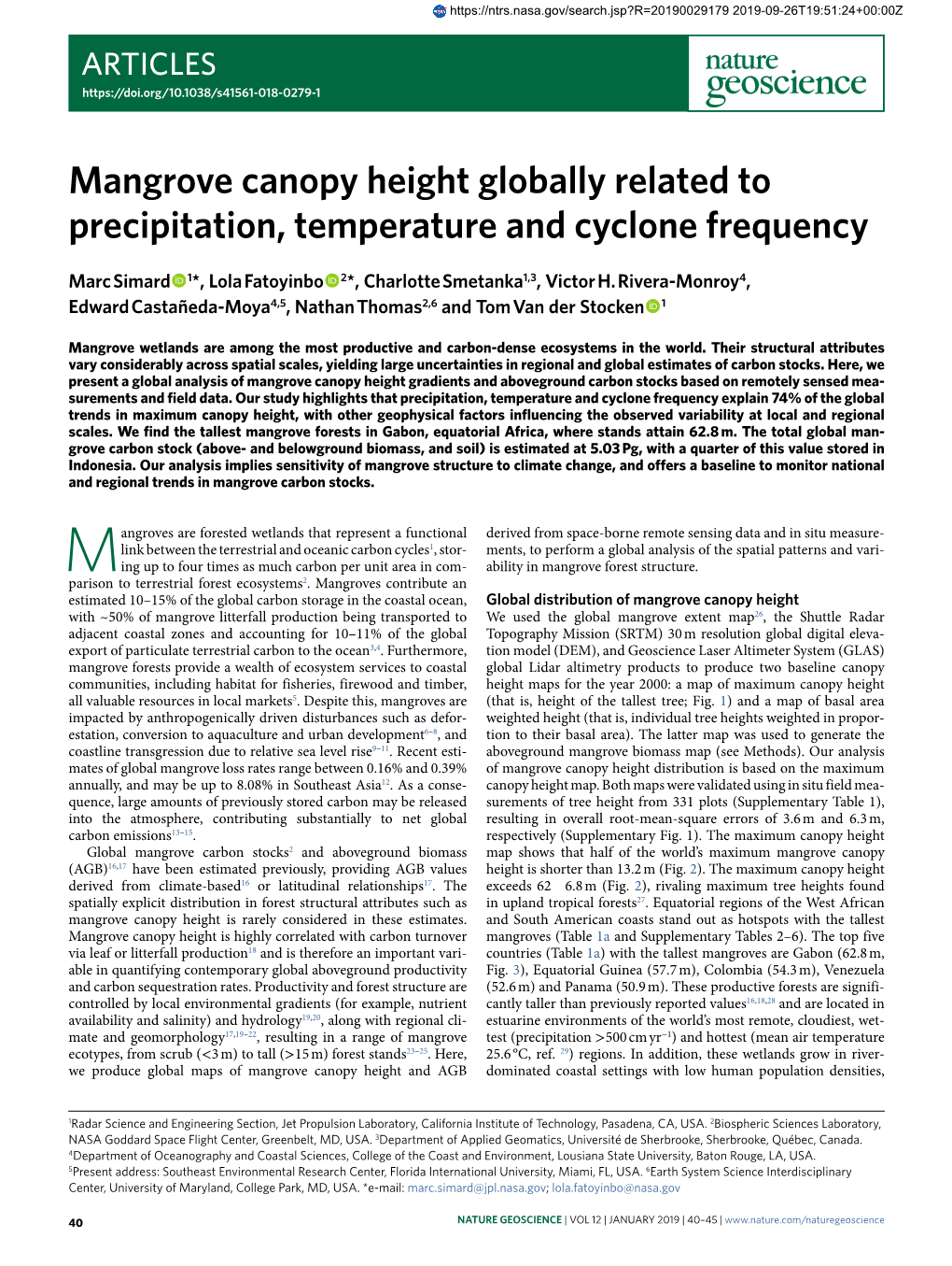 Mangrove Canopy Height Globally Related to Precipitation, Temperature and Cyclone Frequency