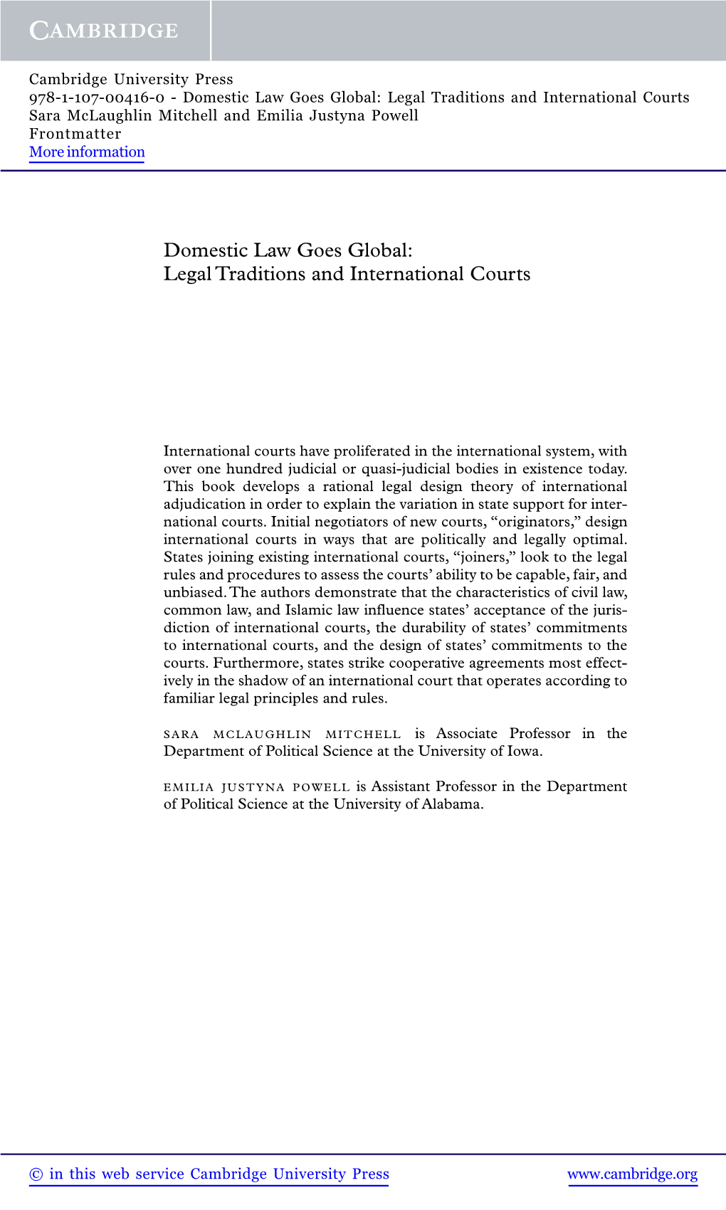 Domestic Law Goes Global: Legal Traditions and International Courts Sara Mclaughlin Mitchell and Emilia Justyna Powell Frontmatter More Information